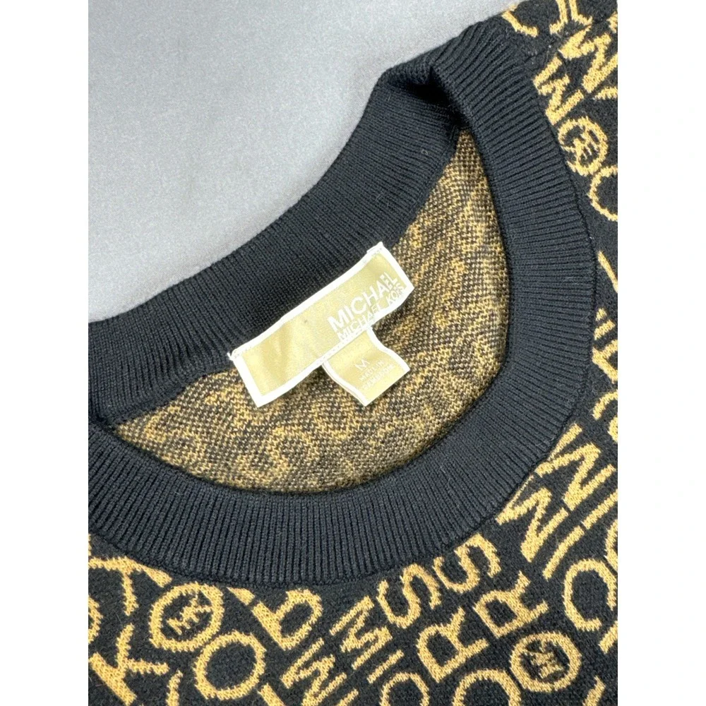 Michael Kors Womens Black Gold Logo Monogram Knit Crewneck Sweater Medium